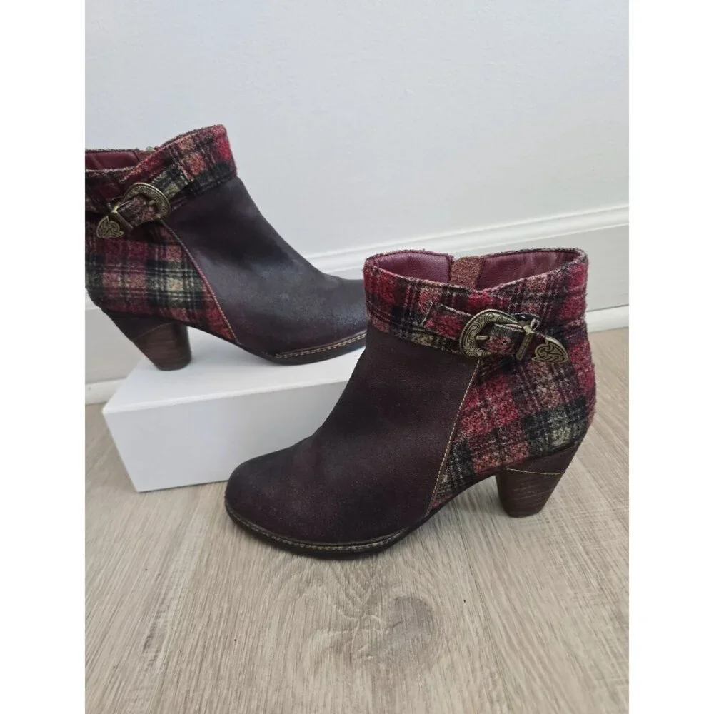L'artiste Spring Step Scottala Burgundy Red Leather Zip Plaid Ankle Boots 39 8.5